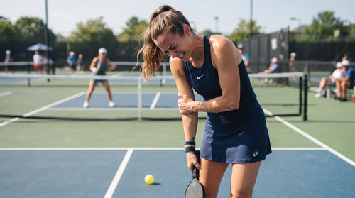 A female pickleball player holding her elbow suffering from pickleball elbow