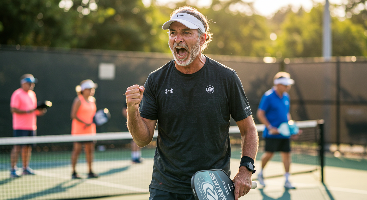 An elderly pickleball player celebrating