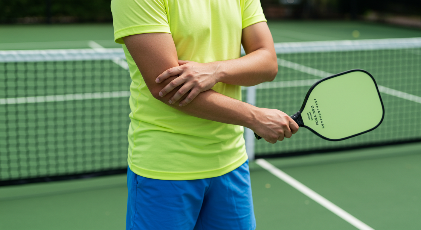 A man on a pickleball court holding his elbow in pain