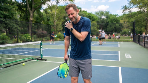 A man holding his shoulder experiencing a pickleball shoulder injury