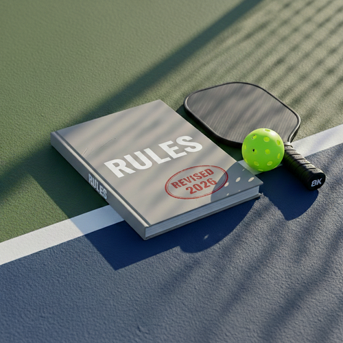 A pickleball rulebook on a pickleball court next to a paddle and ball.