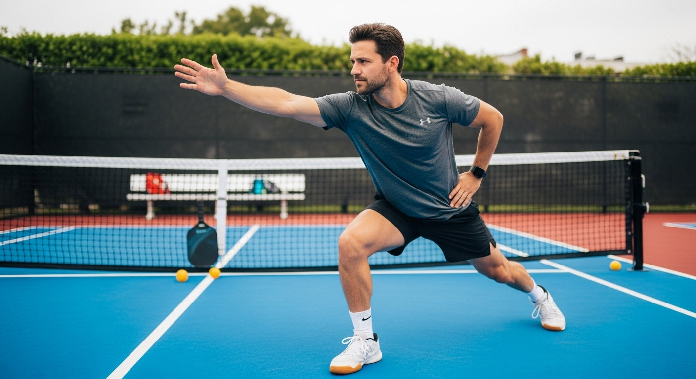 A man doing lunges on a pickleball court
