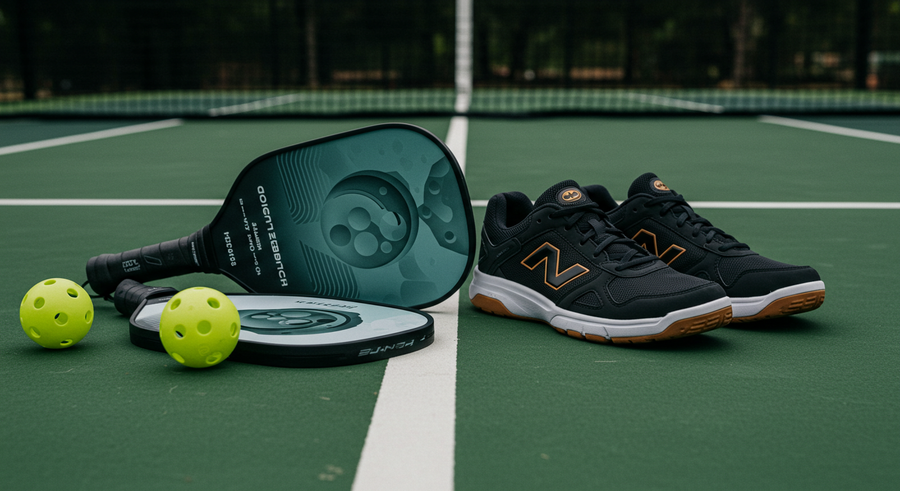 A pair of shoes, pickleball paddles, and pickleballs laid out on a pickleball court