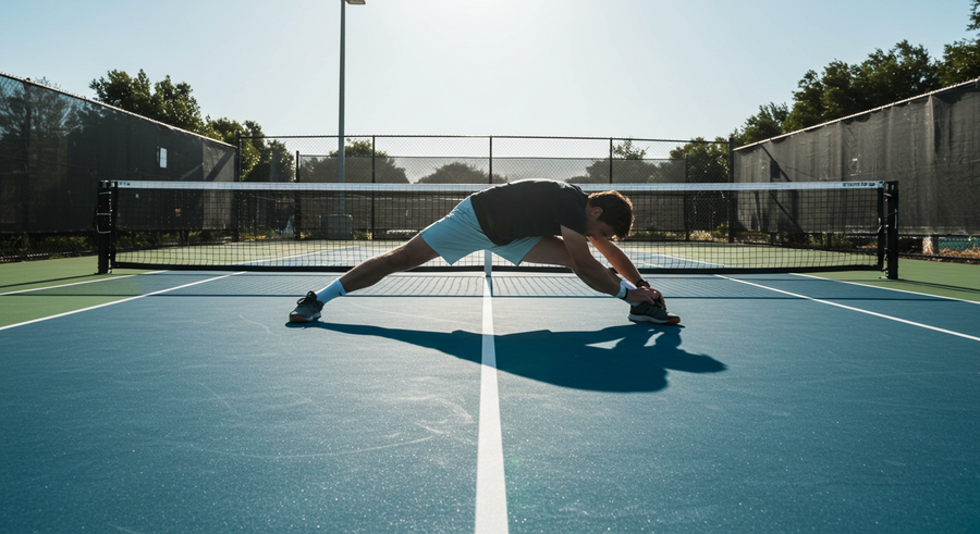 A man stretching on a Pickleball Court