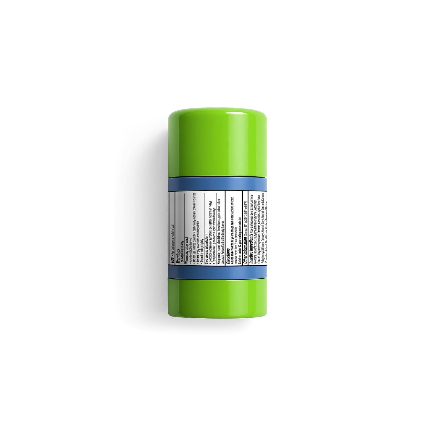 Green cylindrical container with a blue band on a white background