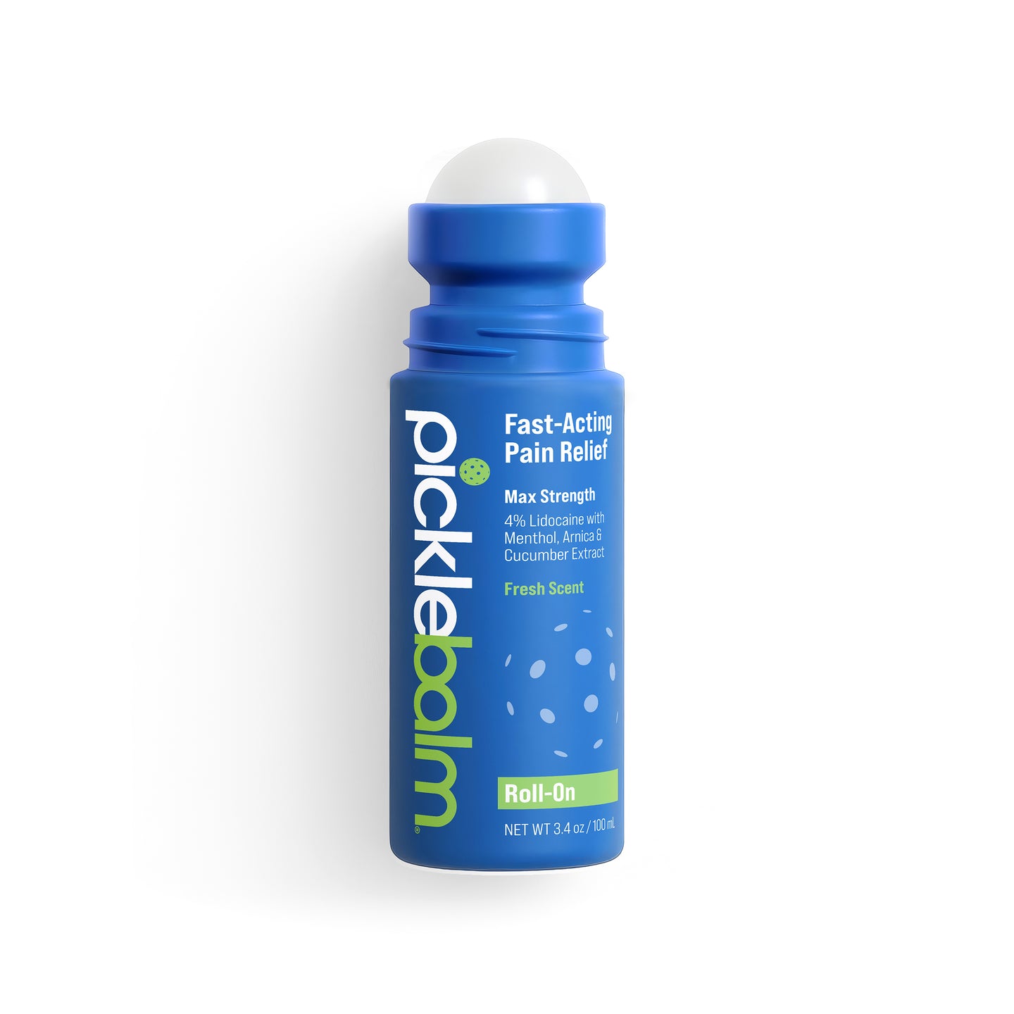 Picklebalm roll-on bottle for fast-acting pain relief on a white background