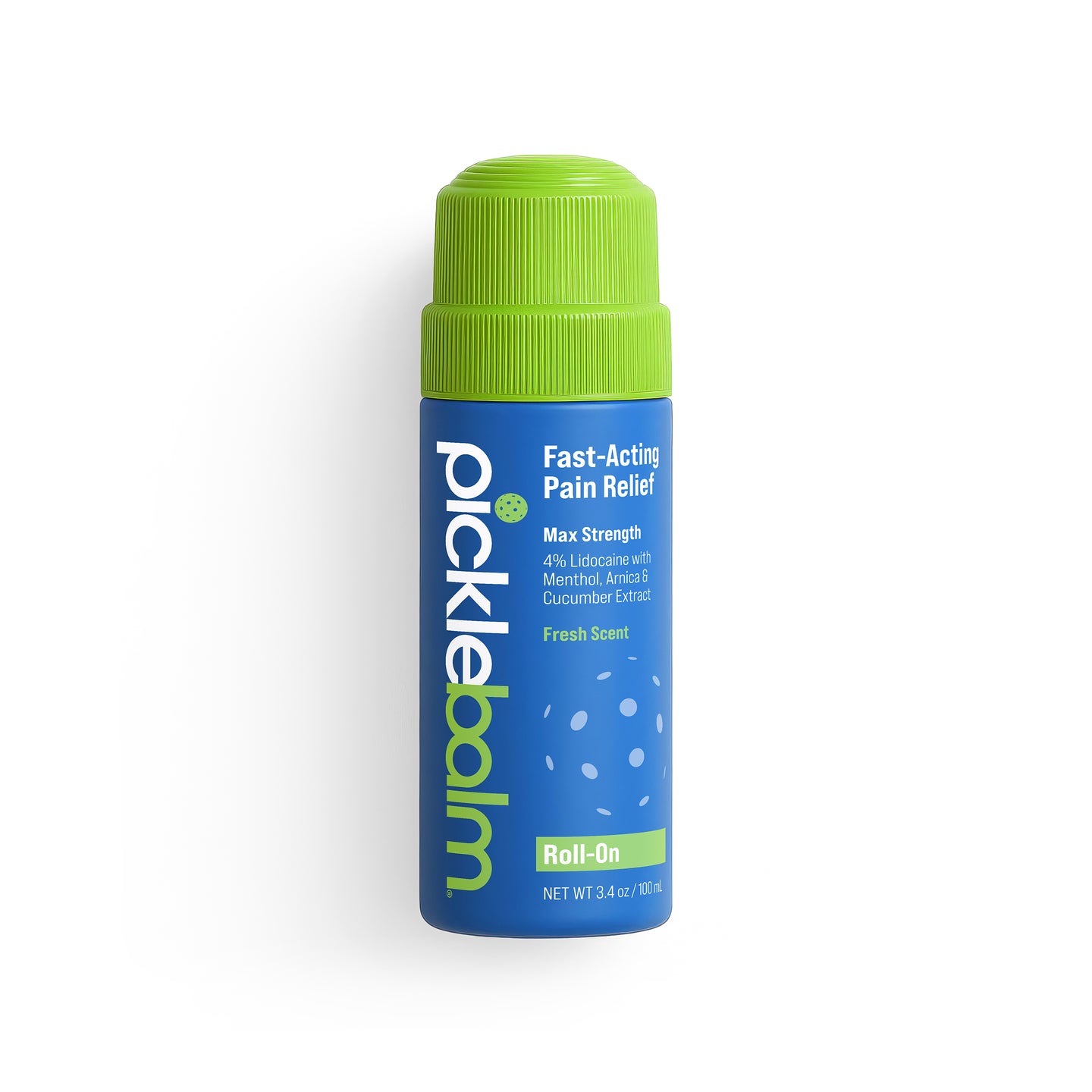Picklebalm roll-on bottle for fast-acting pain relief on a white background
