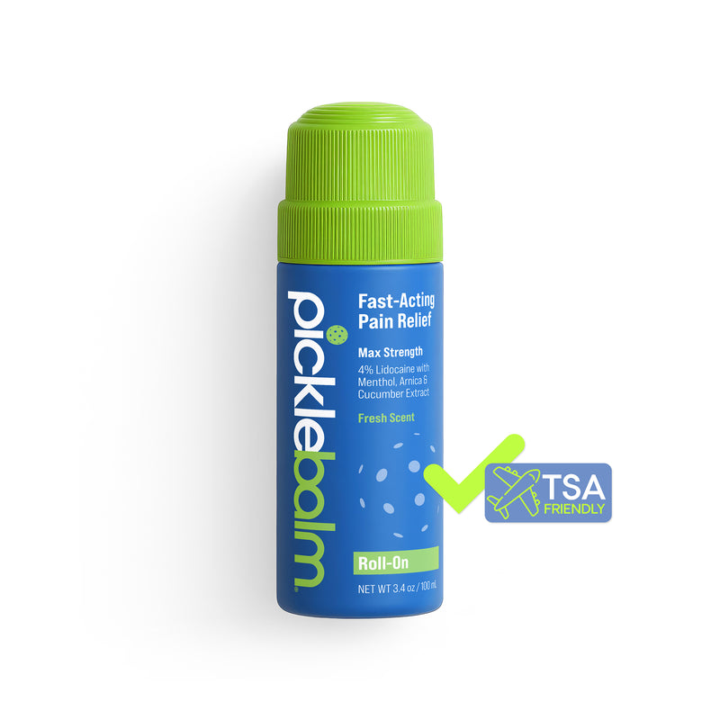 Blue roll-on bottle with green cap labeled 'Picklebalm' on a white background