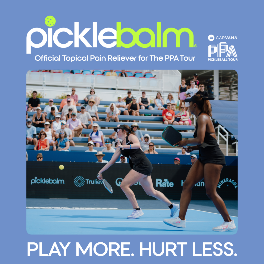 Two professional pickleball players on a court