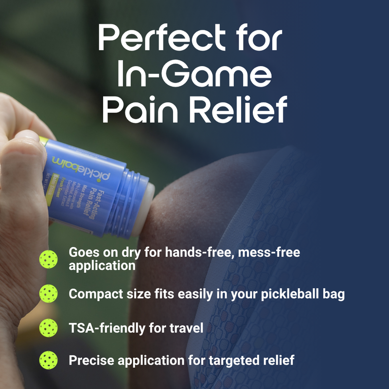 Person applying Picklebalm Pain Relief Balm Stick to their shoulder with promotional text about its use for in-game pain relief.