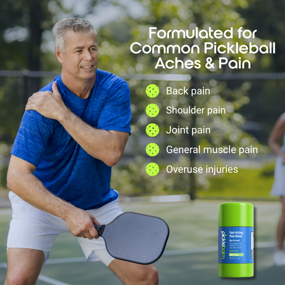 A man on a pickleball court holding his shoulder in pain. Text about the Picklebalm Pain Relief Balm Stick being formulated for common pickleball aches and pain.