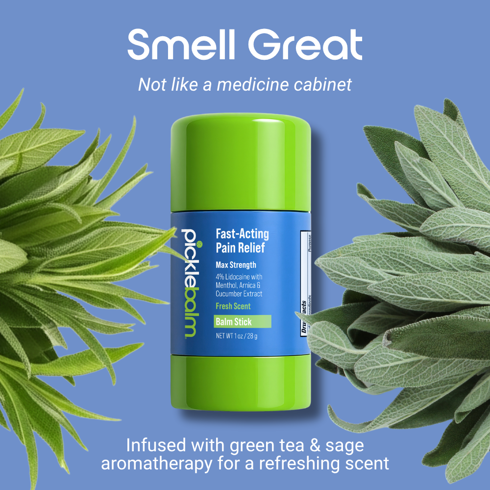 Picklebalm pain relief balm stick with green tea and sage on a blue background