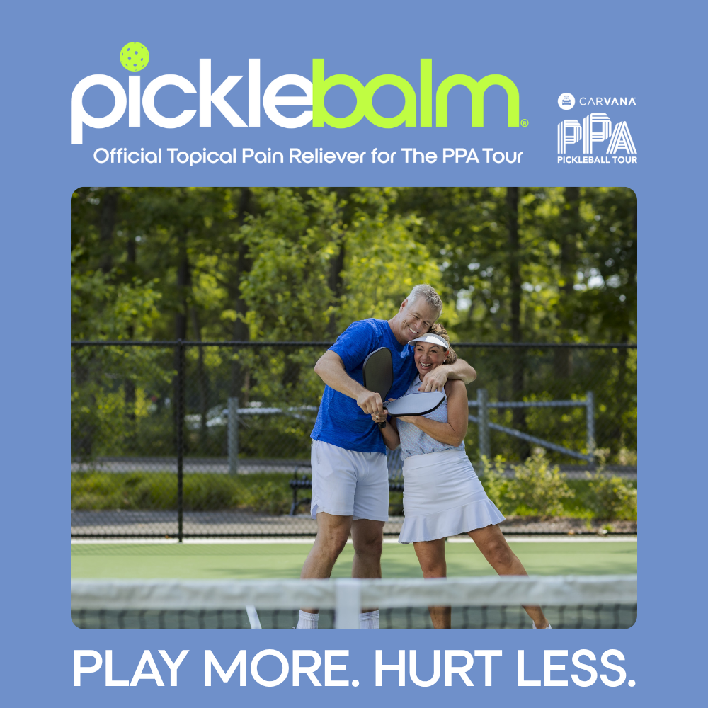 Two people playing pickleball on a court with Picklebalm and PPA logo.