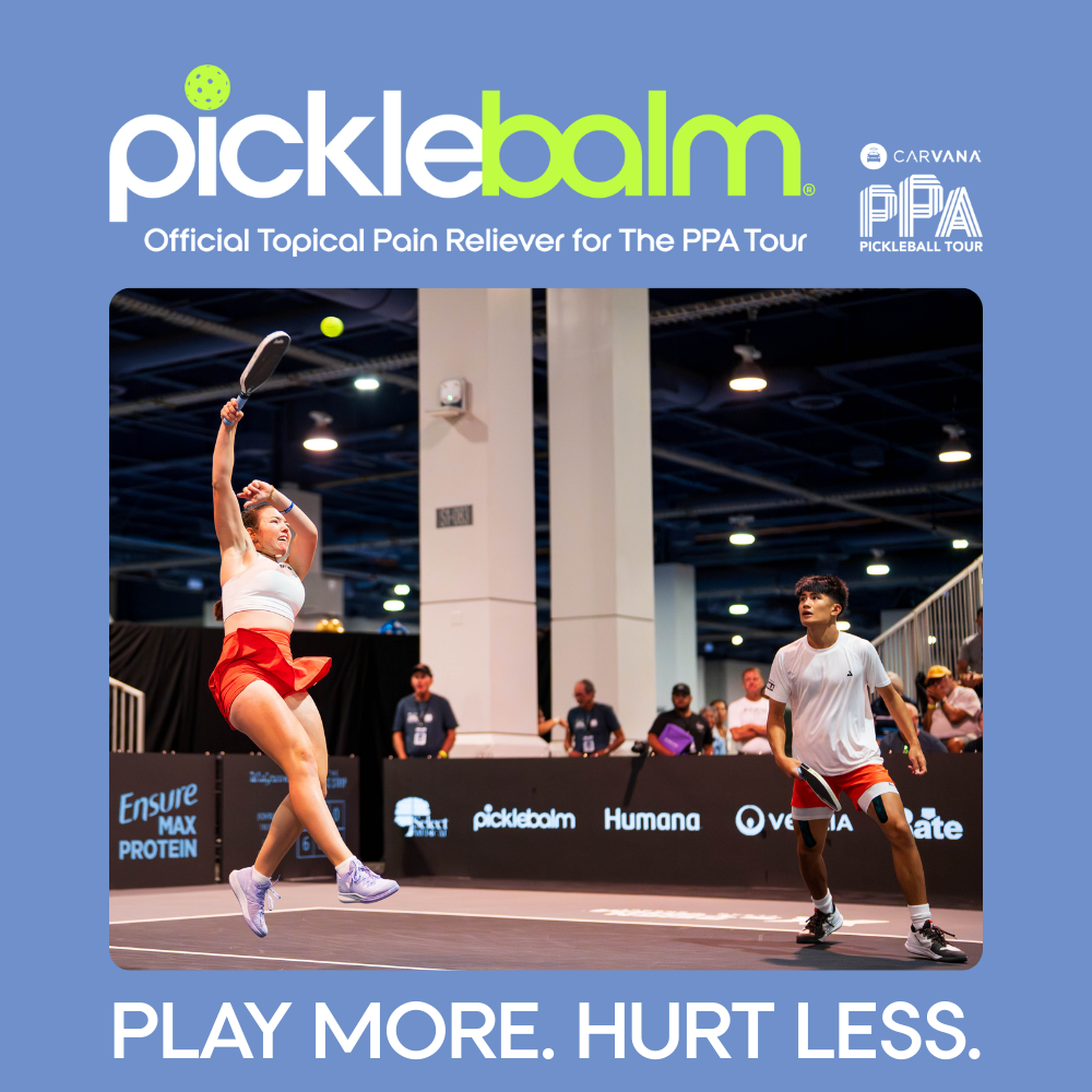 Two professional pickleball players playing on a court with Picklebalm branded text as the official topical pain reliever for the PPA tour