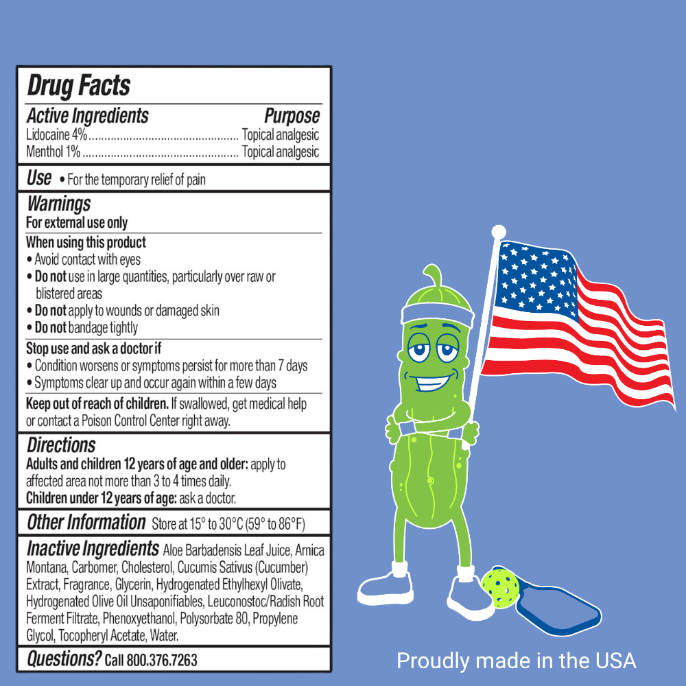 Picklebalm pain relief cream drug facts label with a cartoon green character holding an American flag on a blue background