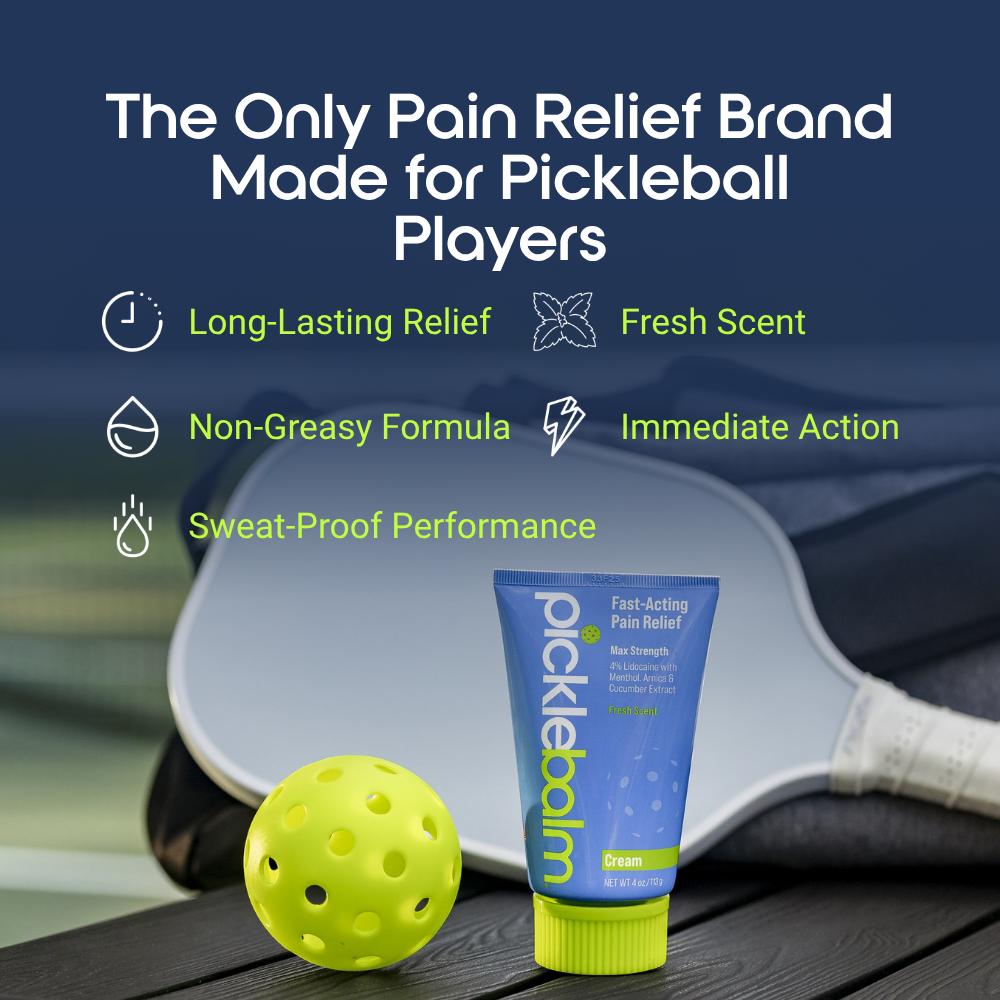 Pickleball balm with pickleball paddle and ball on a blurred court background