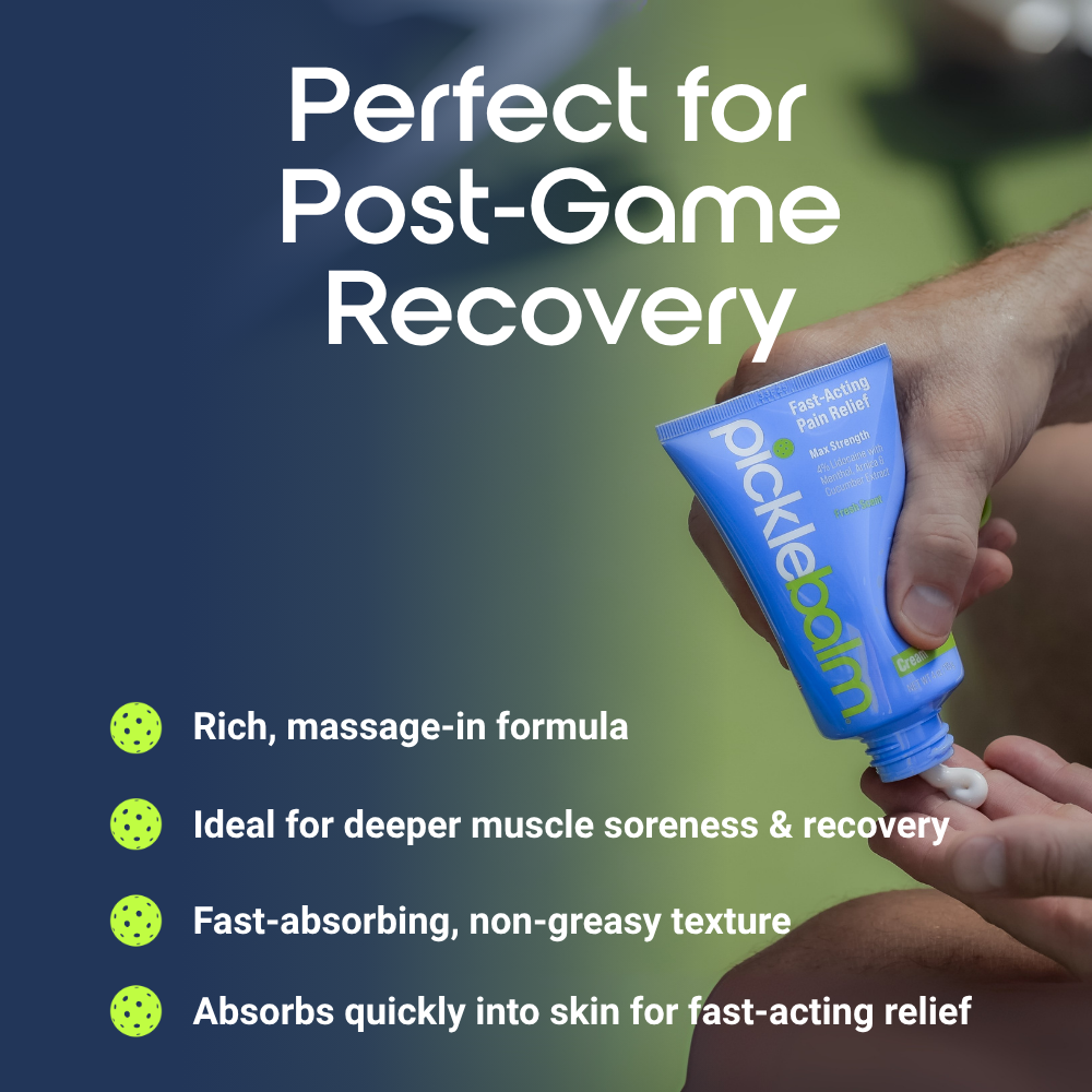 Hand holding a tube of Picklebalm with text about picklebalm pain relief cream for post-game recovery.