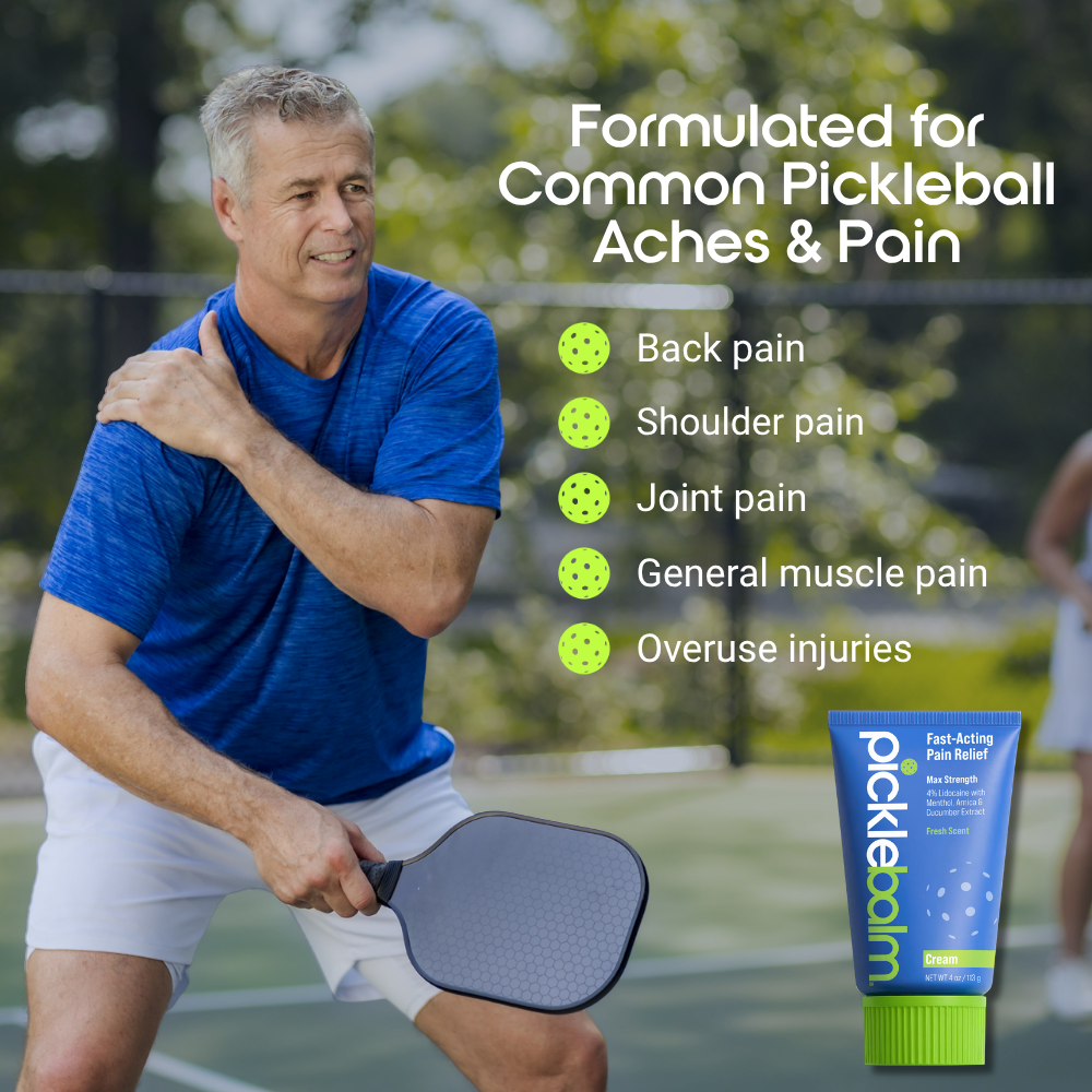 A man on a pickleball court holding his shoulder in pain. Text explaining how picklebalm is formulated for common pickleball aches and pain
