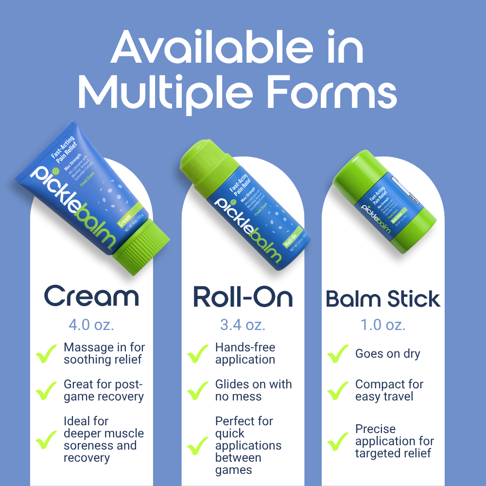Picklebalm product comparison with cream, roll-on, and balm stick forms on a blue background.