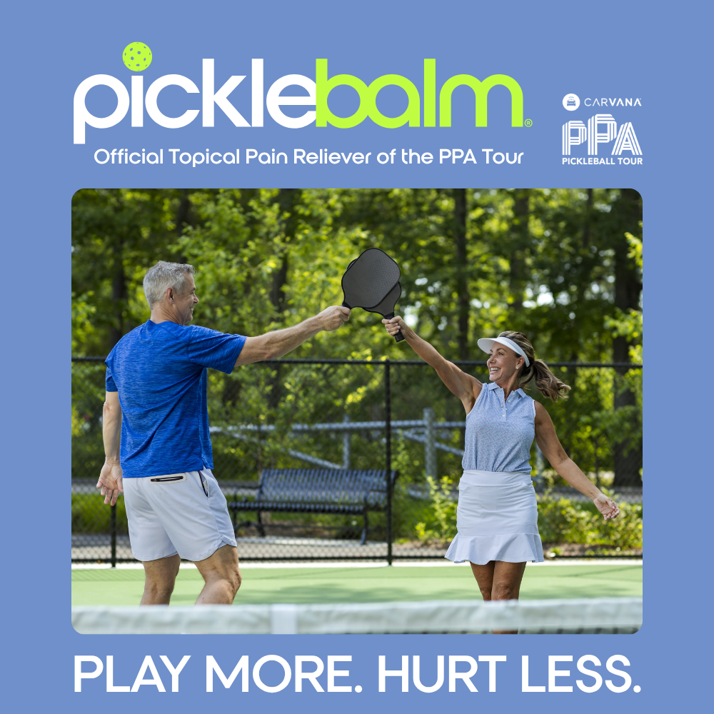 Two people playing pickleball on a court with Picklebalm branding showing its the official topical pain reliever of the PPA tour