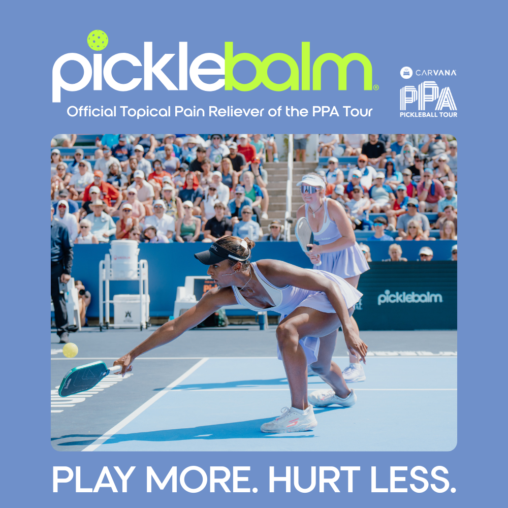 To professional pickleball players on a court with Picklebalm branded text as the official topical pain reliever for the PPA tour