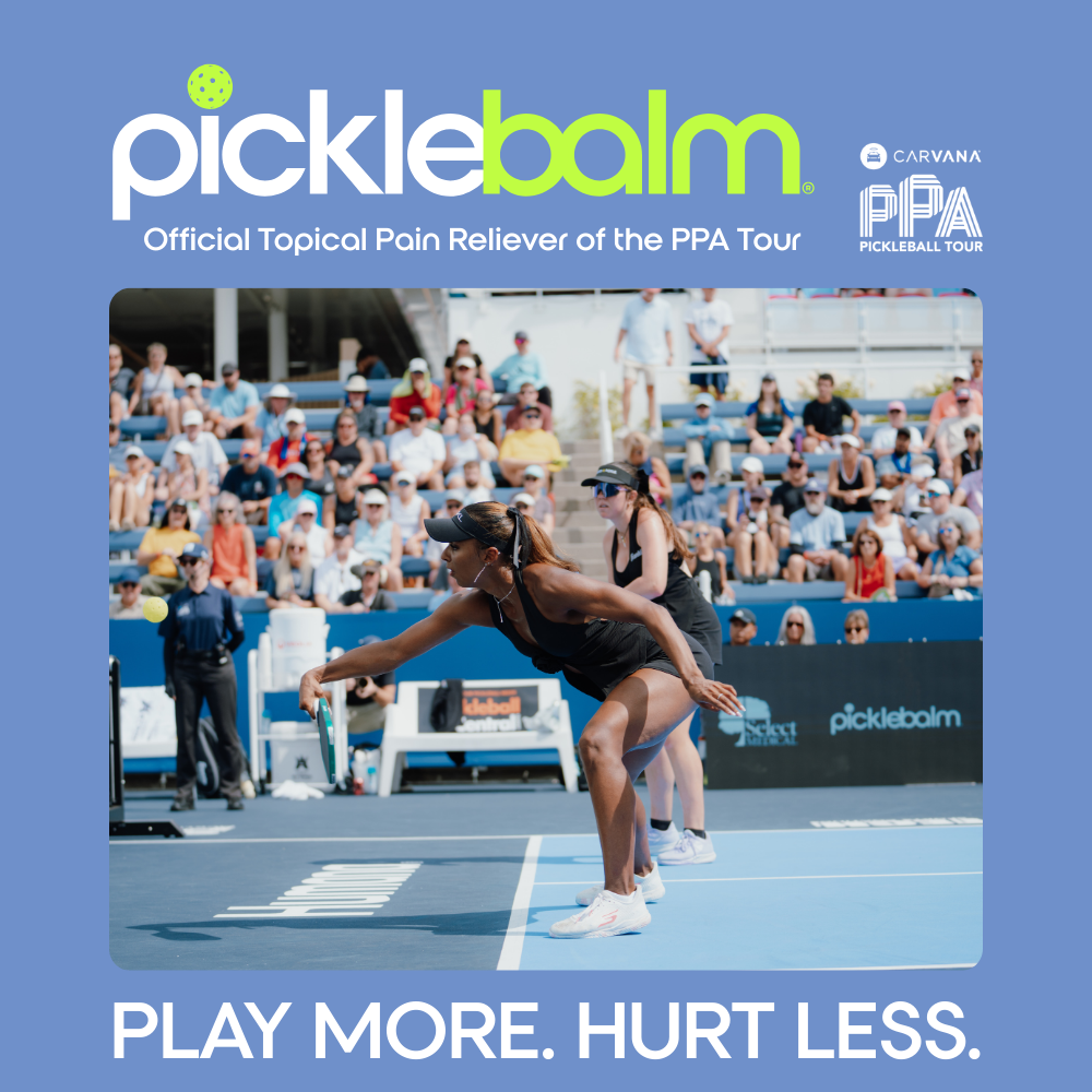Two professional pickleball players playing pickleball with Picklebalm branded text as the official topical pain reliever for the PPA tour