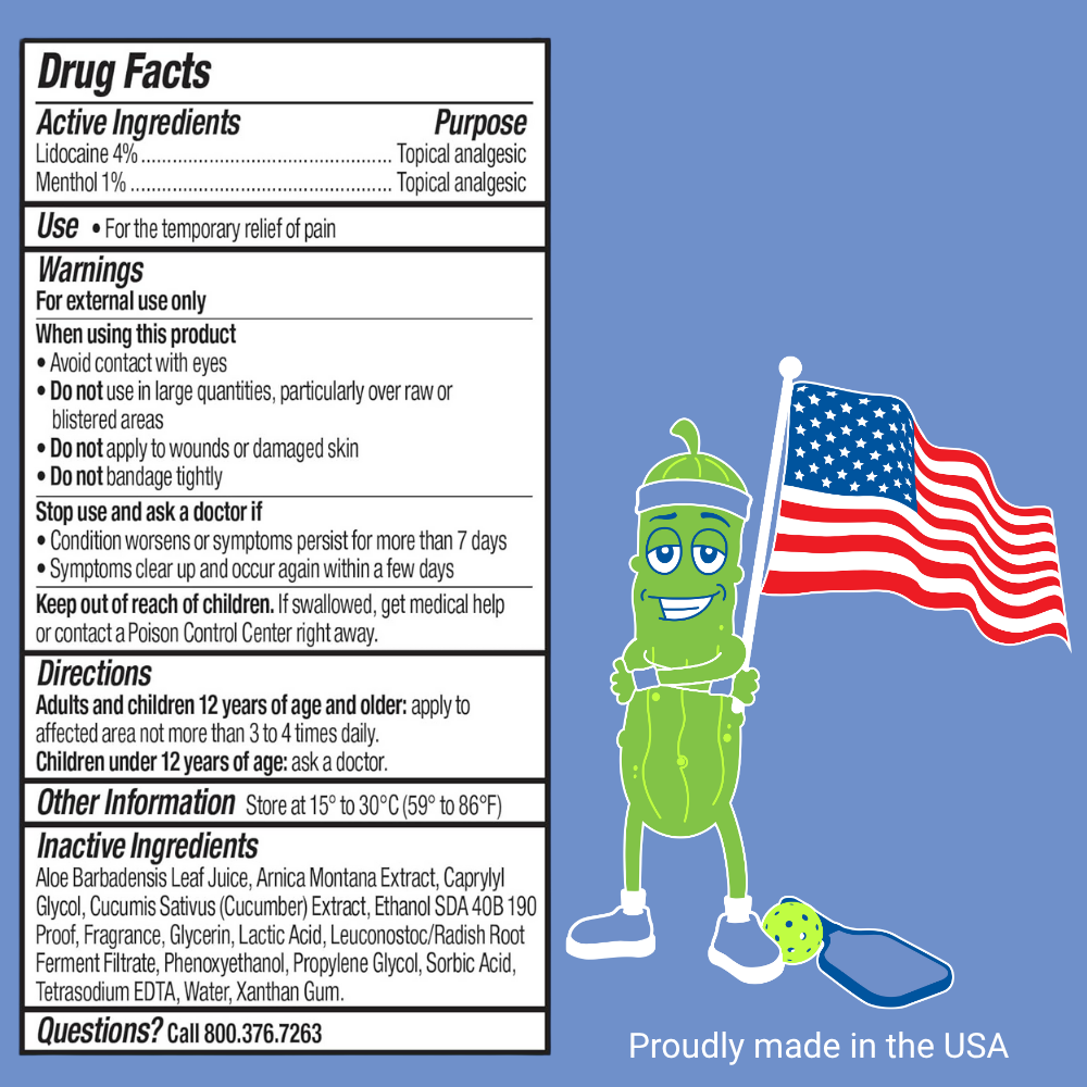 Picklebalm roll on pain reliever drug facts label with a green character holding an American flag on a blue background