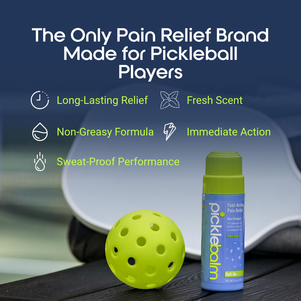 Pickleball ball and Picklebalm roll on pain reliever with text about pain relief for pickleball players on a blue background