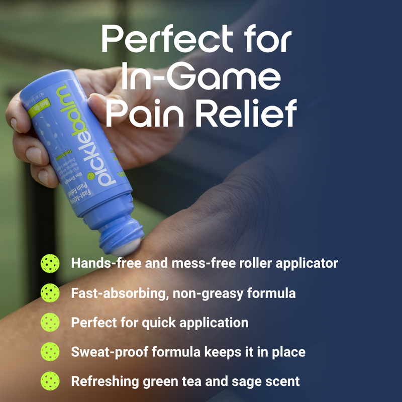 Hand holding a blue Picklebalm roll on pain reliever with text about in-game pain relief and product features.
