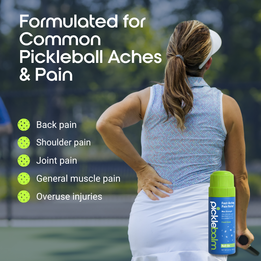 Woman playing pickleball with her body parts labelled showing the various aches and pain Picklebalm treats
