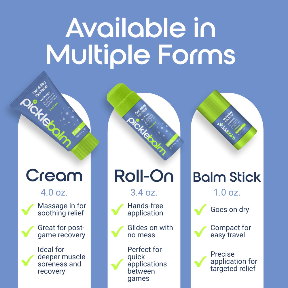 Picklebalm product comparison with cream, roll-on, and balm stick forms on a blue background.