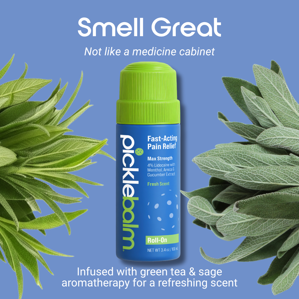 Picklebalm fast-acting pain relief product with green tea and sage aromatherapy on a blue background