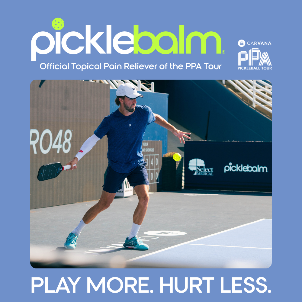 A professional pickleball player on the court with Picklebalm branded text as the official topical pain reliever for the PPA tour
