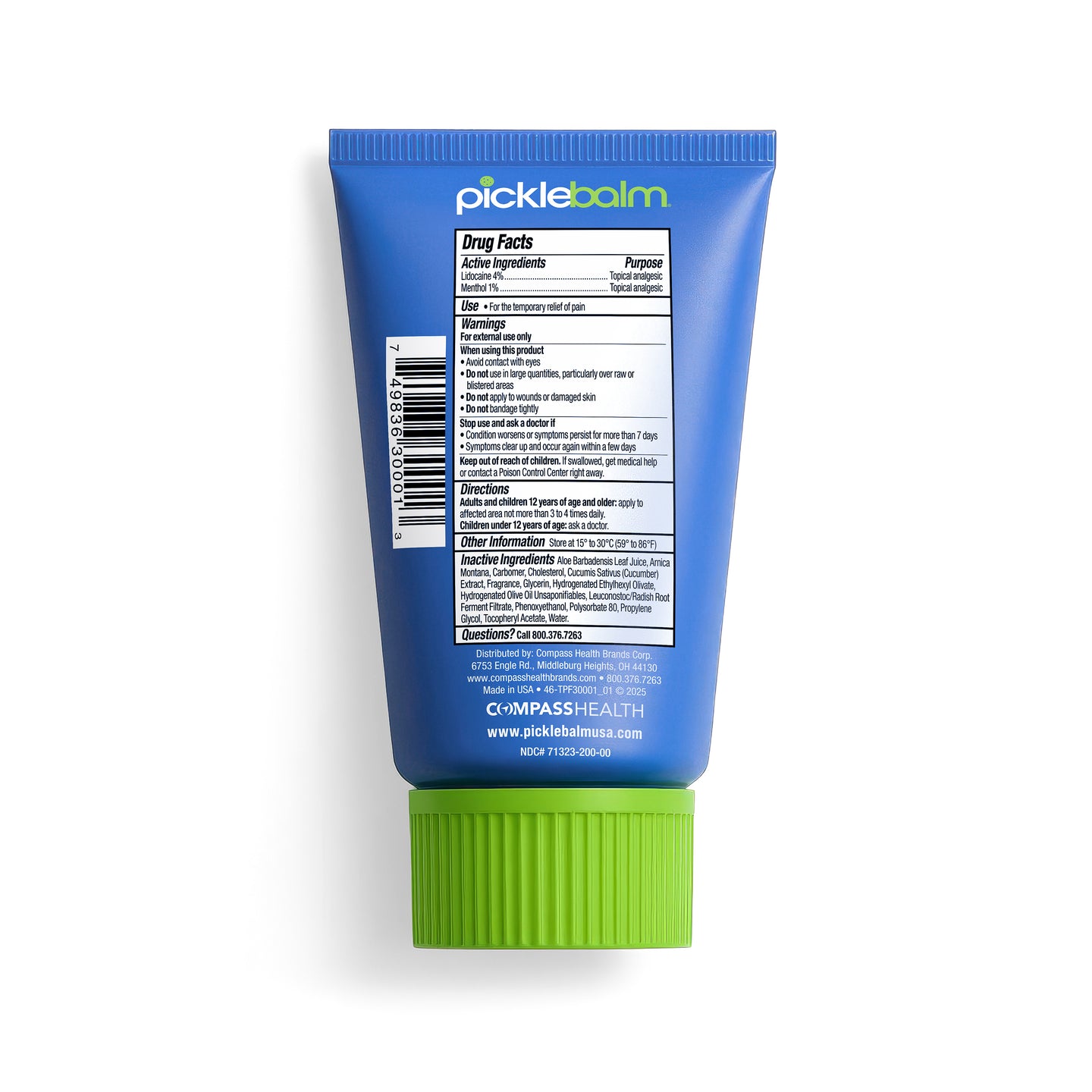 Blue tube of Picklebalm with green cap on a white background