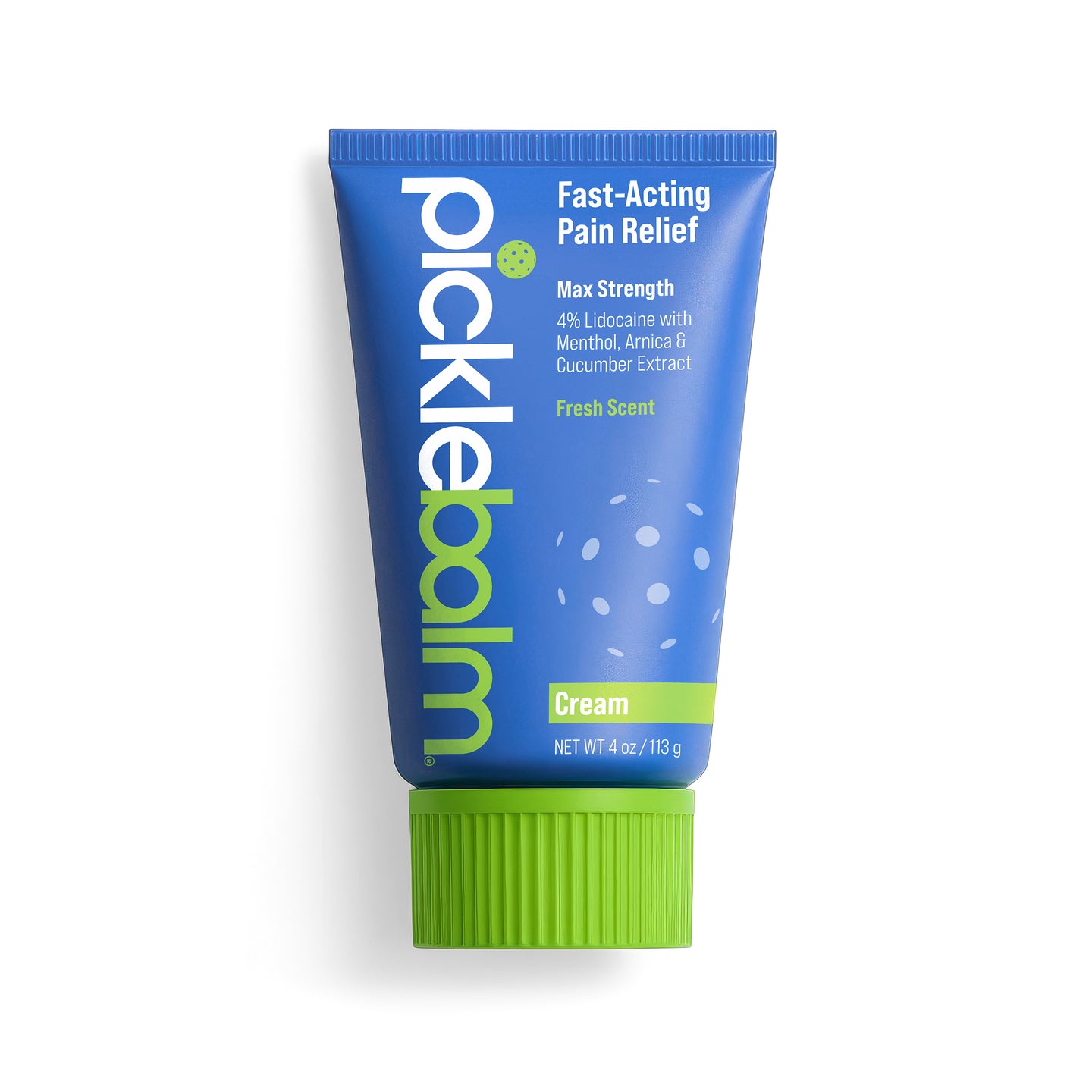A tube of Picklebalm Fast-Acting Pain Relief Cream with a blue and green label, indicating it has a fresh scent and contains 4% Lidocaine with Arnica and Cucumber Extract.