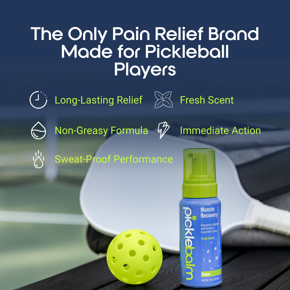 Pickleball-themed pain relief product with paddle and ball on a court background