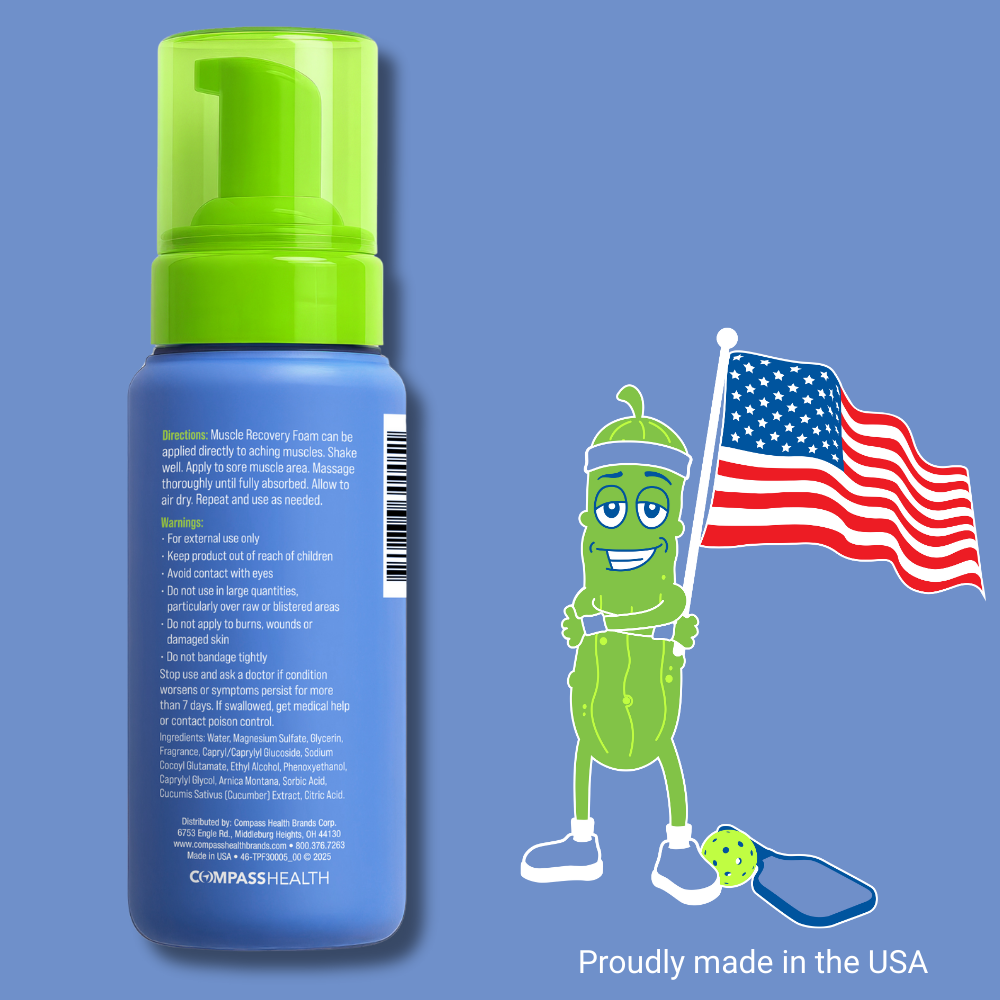 Blue bottle with green cap on a blue background, featuring a cartoon character holding an American flag.