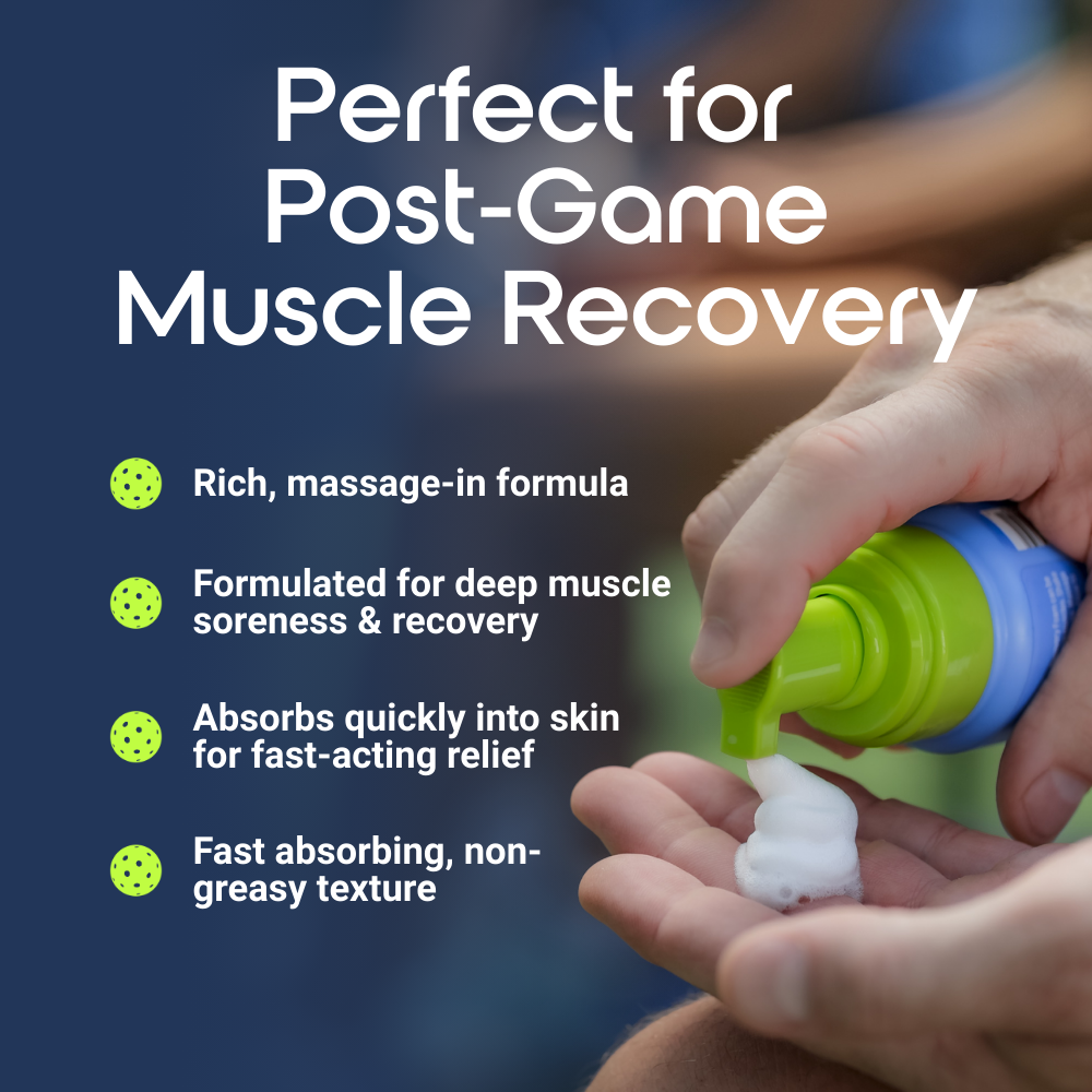 Hand applying a muscle recovery cream with text highlighting its benefits on a blue background.