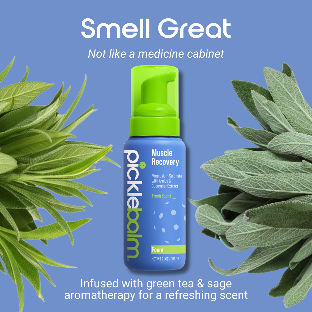 Picklebalm Muscle Recovery foam bottle with green tea and sage leaves on a blue background