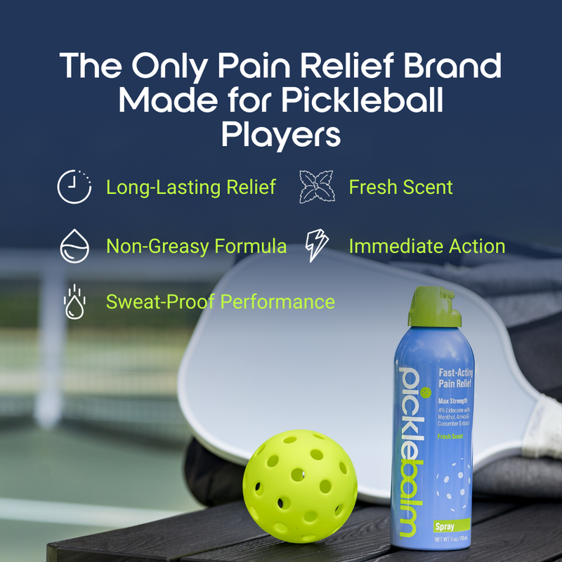 Pickleball ball and bottle of Picklebalm on a pickleball court with product features listed.