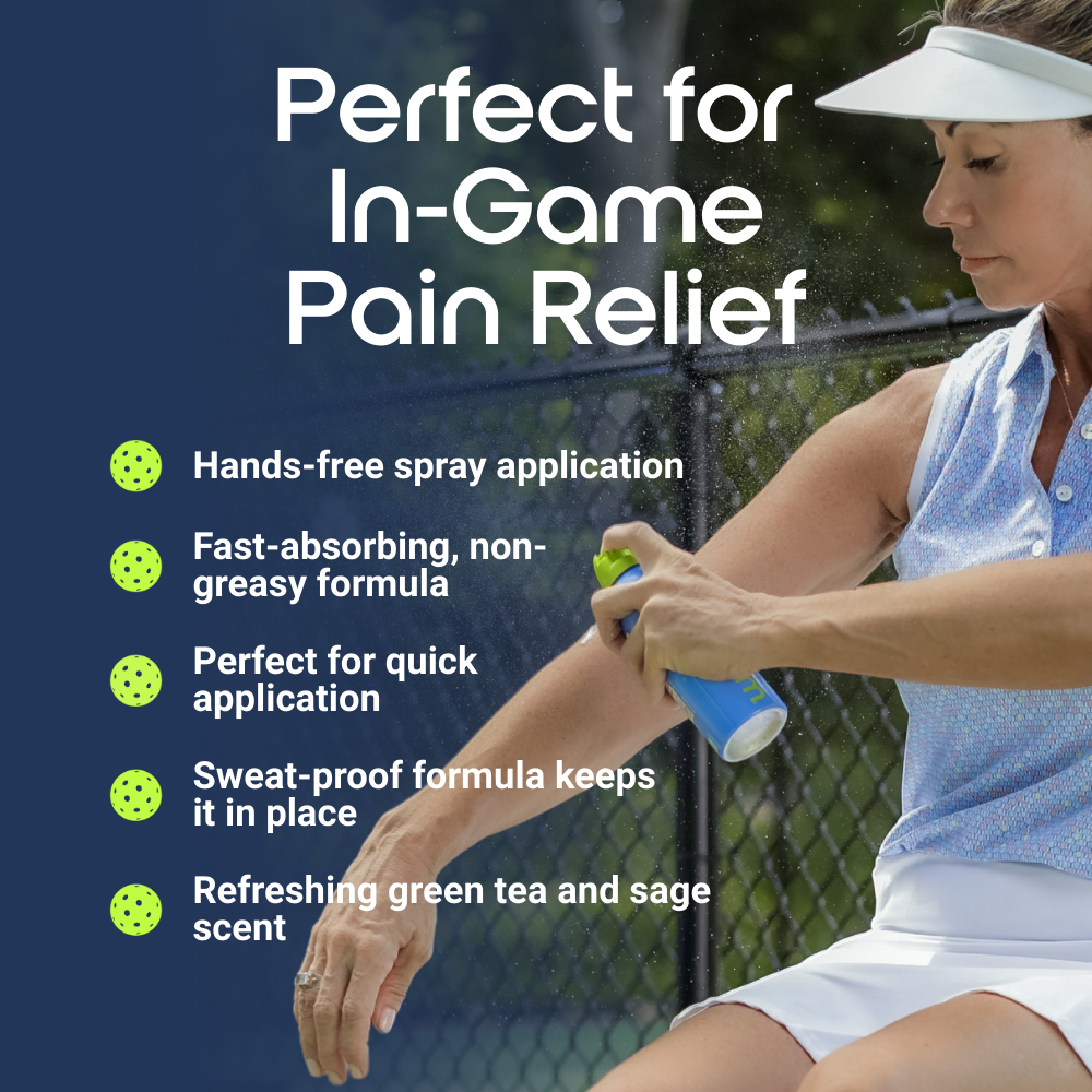 Woman applying a spray product on her arm with text about in-game pain relief.