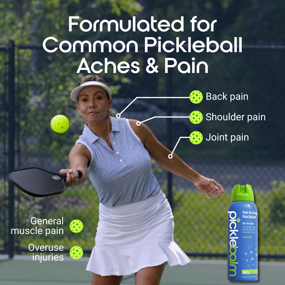 Woman playing pickleball with picklebalm product on court
