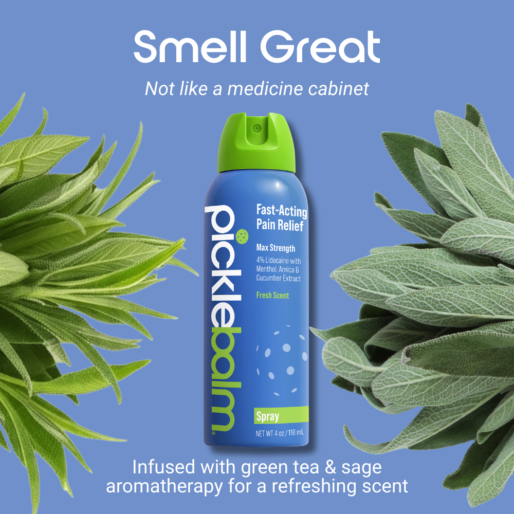 Picklebalm spray bottle with green leaves on a blue background