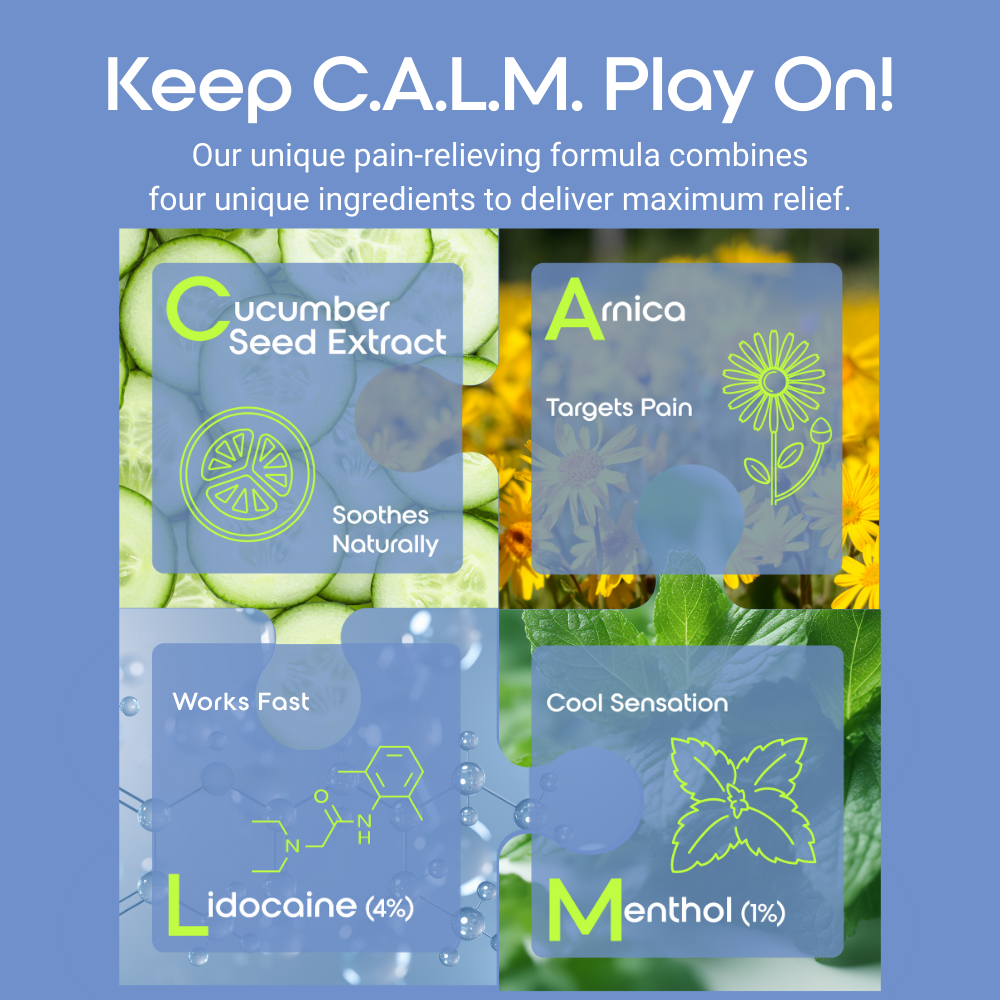 Promotional graphic for a pain-relieving product with ingredients and benefits displayed.