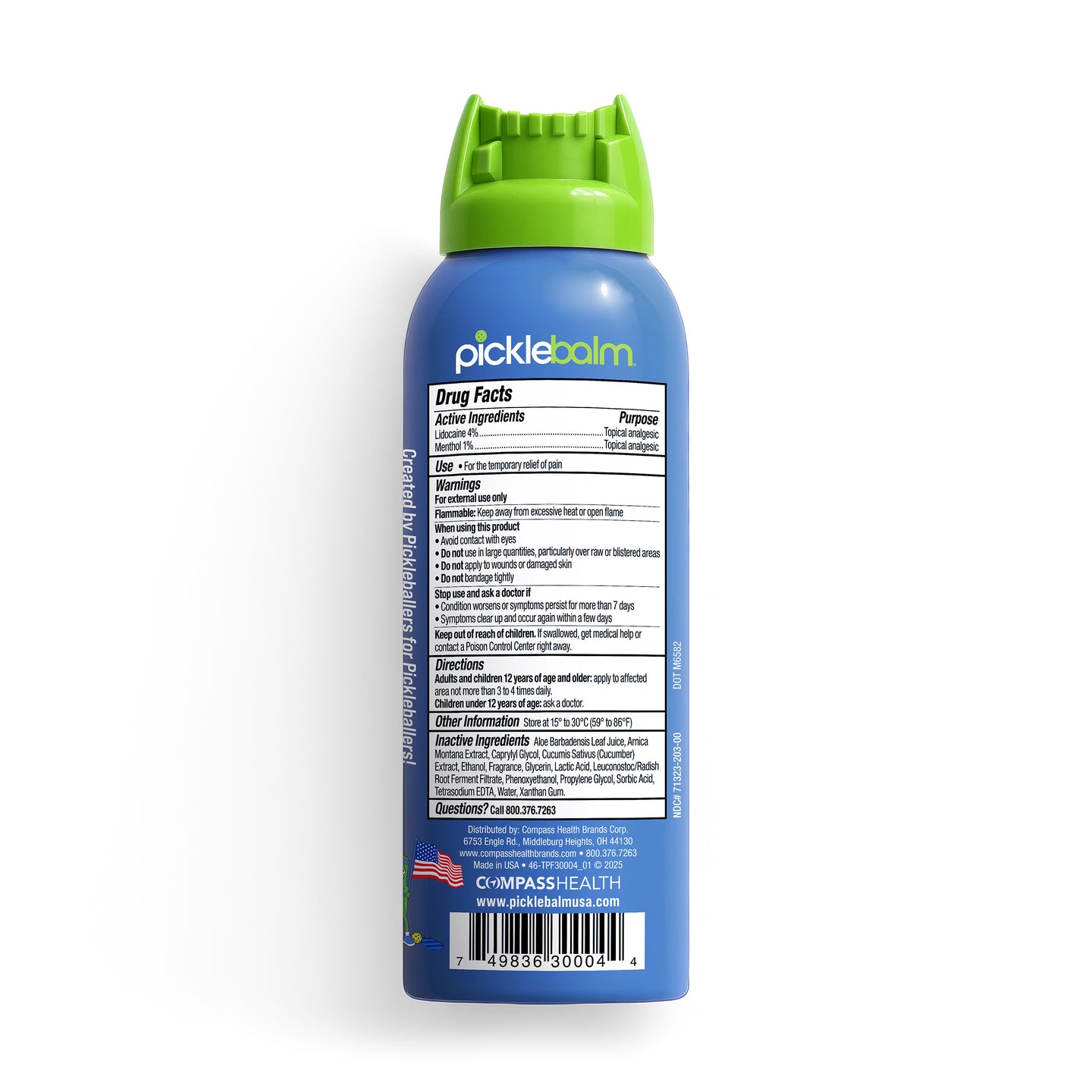 Blue bottle with green cap labeled 'picklebalm' on a white background